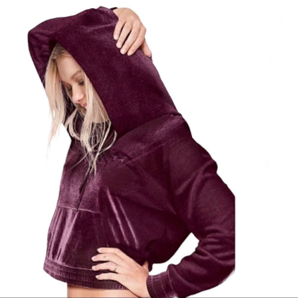 Victoria Secret PINK burgundy red velvet velour cropped pullover hoodie rare S